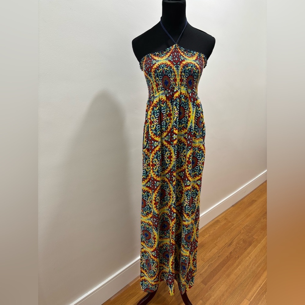 503. Band of Gypsies Yellow and Blue Halter Strapless Maxi Dress